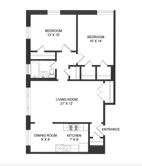 Floor plan for 2 beds, 1 bath, 988 sqft